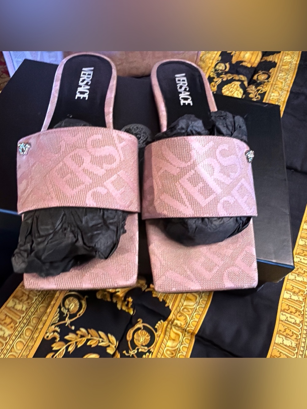 Versace Pink Jacquard Logo Versace All over Sandals Size EU39 US 8.5-9